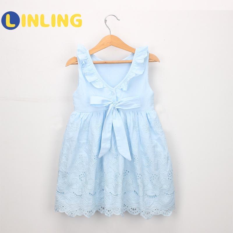 

LINLING Girl Princess Dress 2020 Summer New Girl's Hollow Embroidery Dress Sky Blue Sweet Children Party Suits V1441