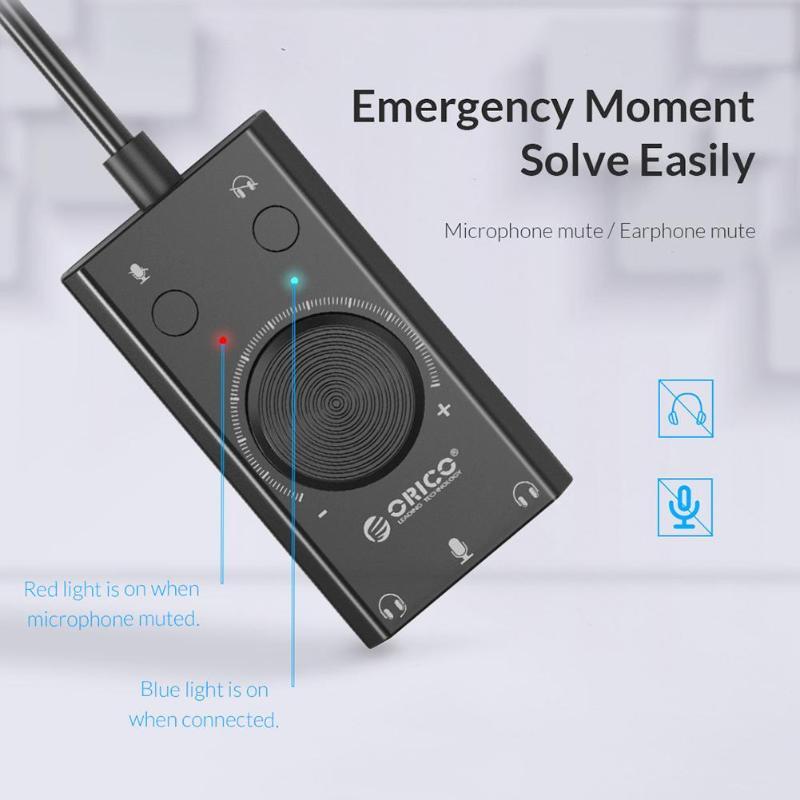 

ORICO Volume Adjustable 3-Port Mic Headphone Audio Card Adapter External USB Sound Card For PC Accessary