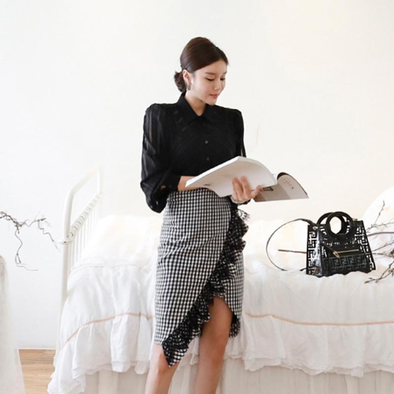 

Han edition cultivate one' morality spring lace collar shirt grid split package buttocks skirts, The picture color