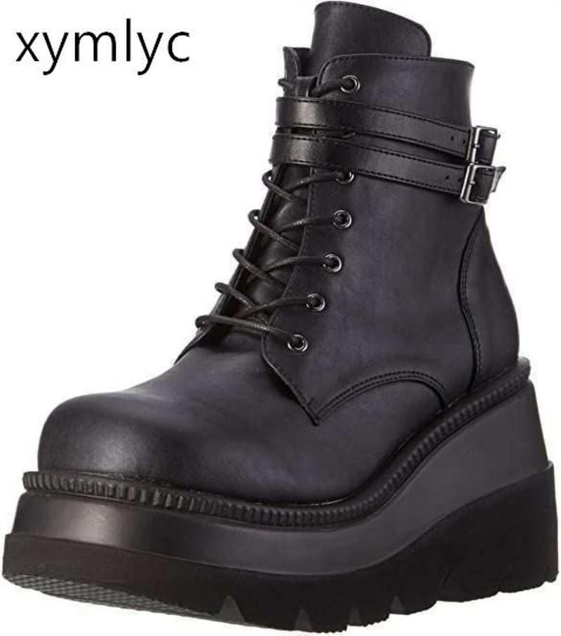 

2021 Winter Metal Buckle Ankel Boots Women Punk Female Platform Boots Wedges High Heels PU Women Botas Mujer Plus Size, Black1
