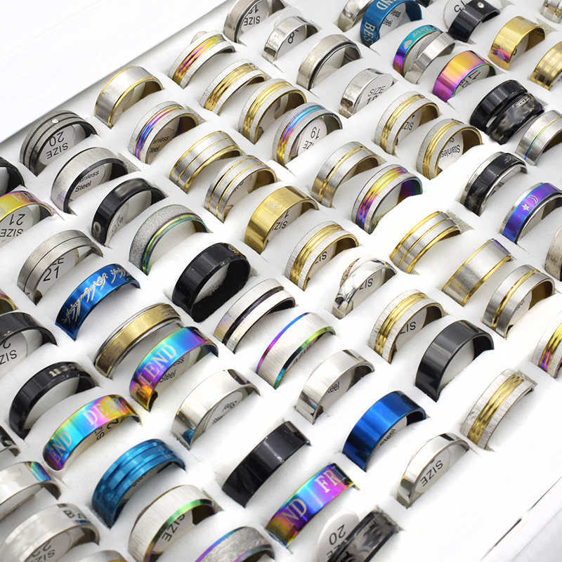 

Wholesale 50 Pieces/Lot Mix Stainless Steel Ring Men Black/Gold/Silver Color Simple Trendy Ring For Women Fashion Jewelry 220113