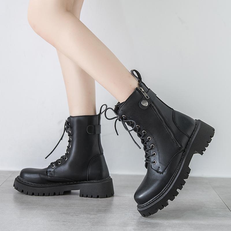 

Round Toe Casual Lace Up PU Leather Boots Woman Platform Black Motorcycle Botas Dropshipping Autumn Winter Ankle Boots for Women