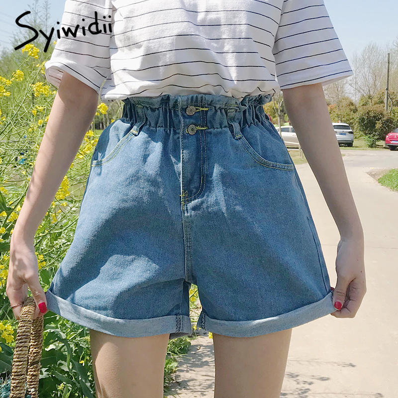 

Elastic waist denim shorts women plus size 5XL street wear black Ruffles Solid high waist shorts jean clothes women summer 2020 T200701