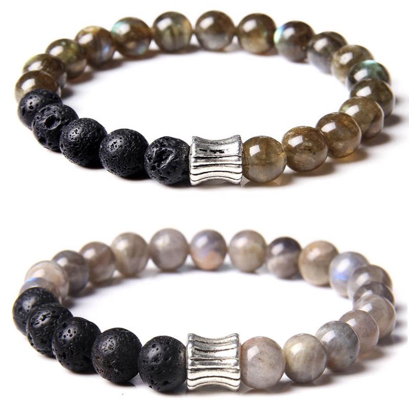 

Natural Lava Stone Beads Bracelet 8mm Round Shiny Labradorite Stone Charm Bracelet for Women Men Vintage Energy Power Jewelry