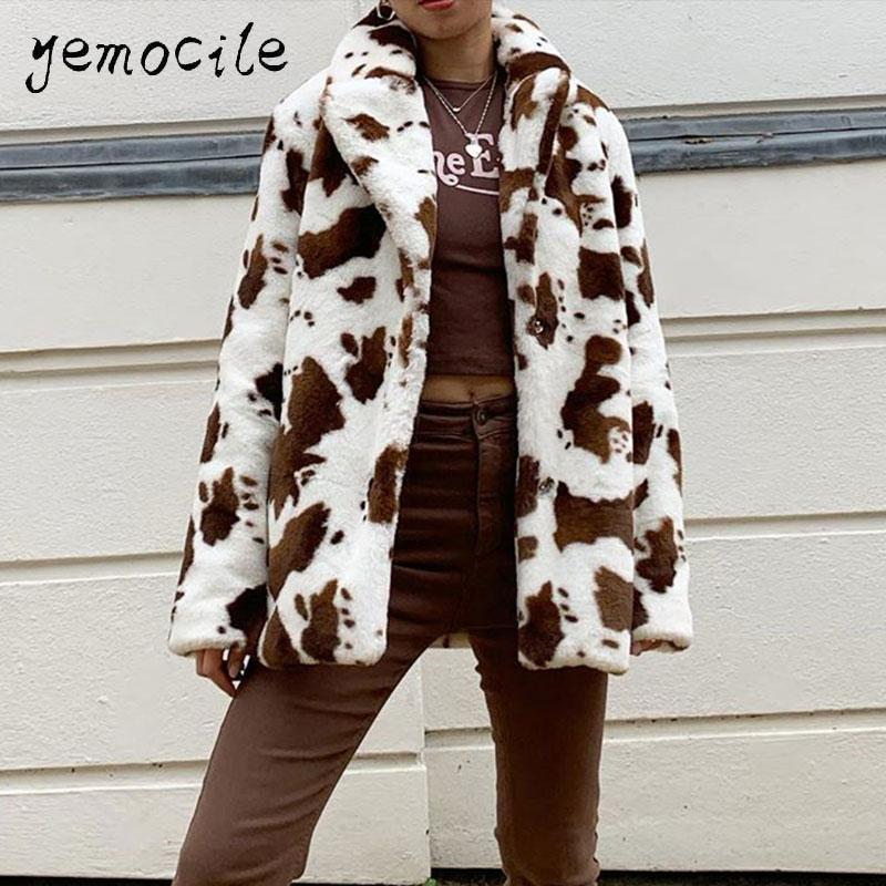 

Autumn Winter Print Faux Fur Coat Women Casual Loose Bear Teddy Jacket Female Fashion Turn Down Collar Overcoat 2020, Black