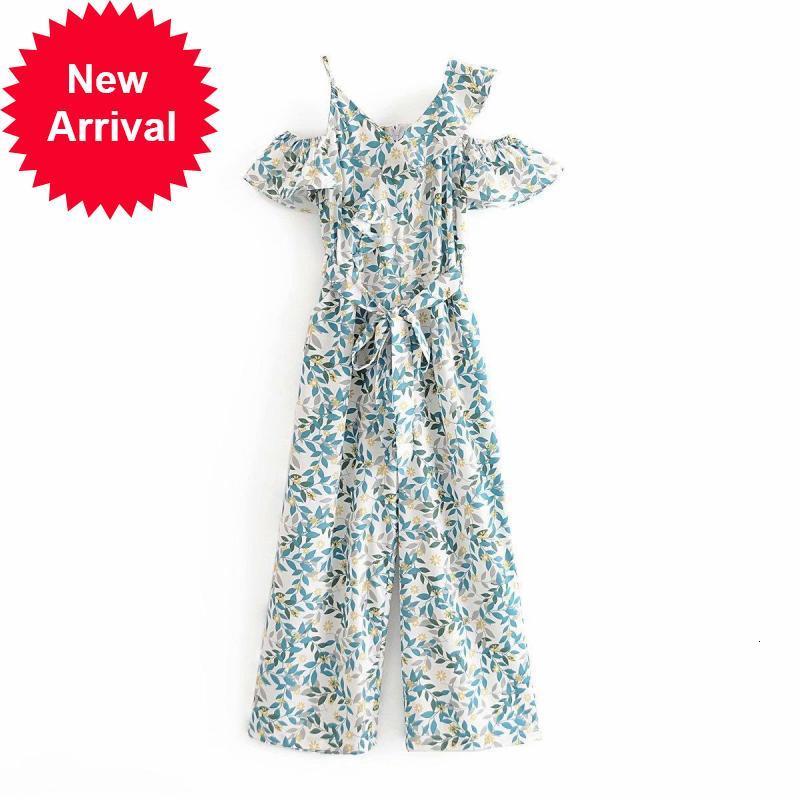

Runway 2021 Designer Boho Beach Clothes Female Summer Leaf Print Without Handles Sexy Casual Fashion Frilly Overalls 002Y, Beige