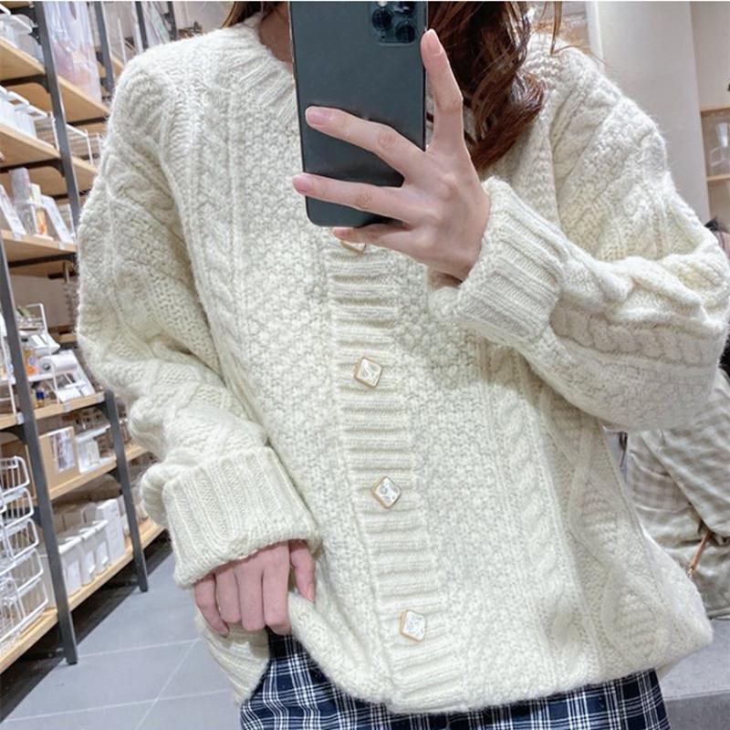

High Quality White Kink Flowers Knitted Cardigan Sweet Women's Fall Winter New Loose Thicken Warm Wool Sweater Coat Female, Picture color