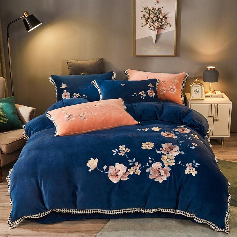 

Winter Soft Crystal Velvet Flannel Fleece Chinese Style Floral Pillowcases Set Double Sheet Bed Bedding Cover Embroidery Duvet