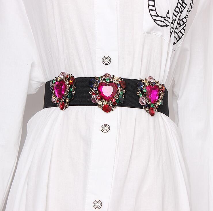 

Belts Women's Runway Fashion Diamonds Beaded Elastic Cummerbunds Female Dress Corsets Waistband Decoration Wide Belt R1665, White