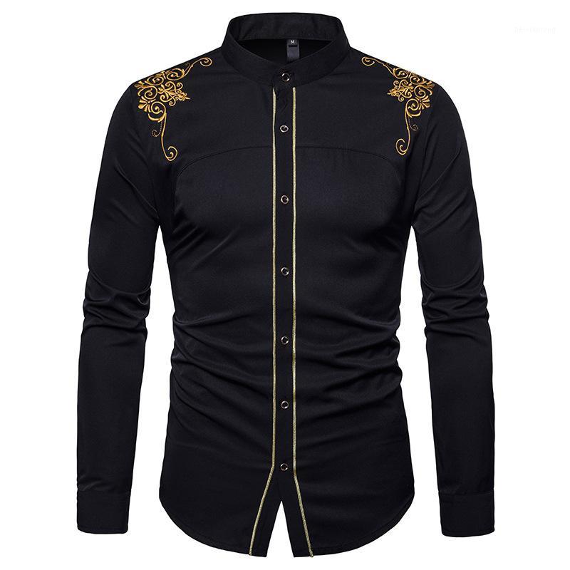 

Stand Collar Mens Dress Shirts 2022 Brand Gold Flower Embroidery Chemise Homme Casual Button Down Long Sleeve Slim Fit Shirt, Black