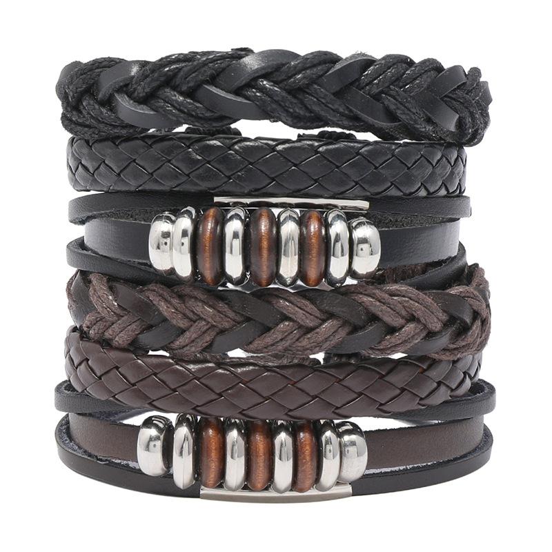 

2020-Men's mixed leather bracelet set, six-piece set, black and brown bracelets, punk rock accessories