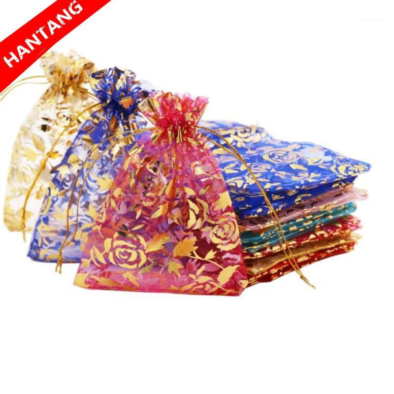

100PCS 7*9 9*12 11*16 13*18 15*20cm Organza Bag Rose Design Wedding Pouches Jewelry Packaging Bags 5 Color 5Z1
