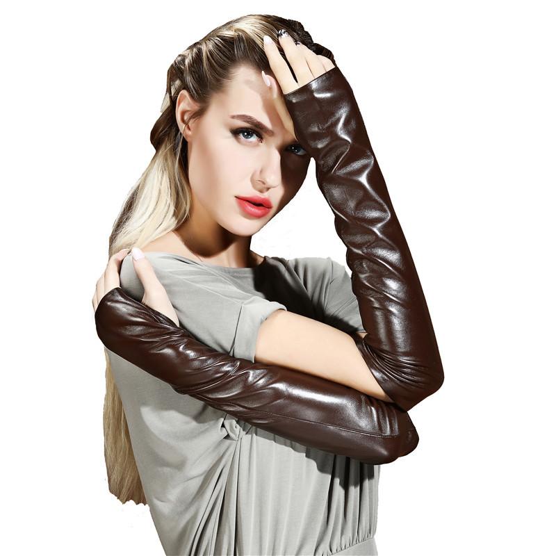

Five Fingers Gloves Long Leather Women's Arm Sleeves Winter Drving Cashmere Warm Half-finger Elbow Cuff