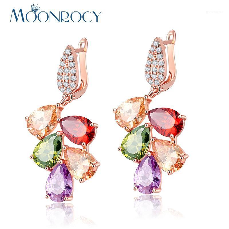 

MOONROCY Free Shipping Fashion Rose Gold Color Leaves Cubic Zirconia Multicolor Austrian Crystal Earrings for Women Girls1