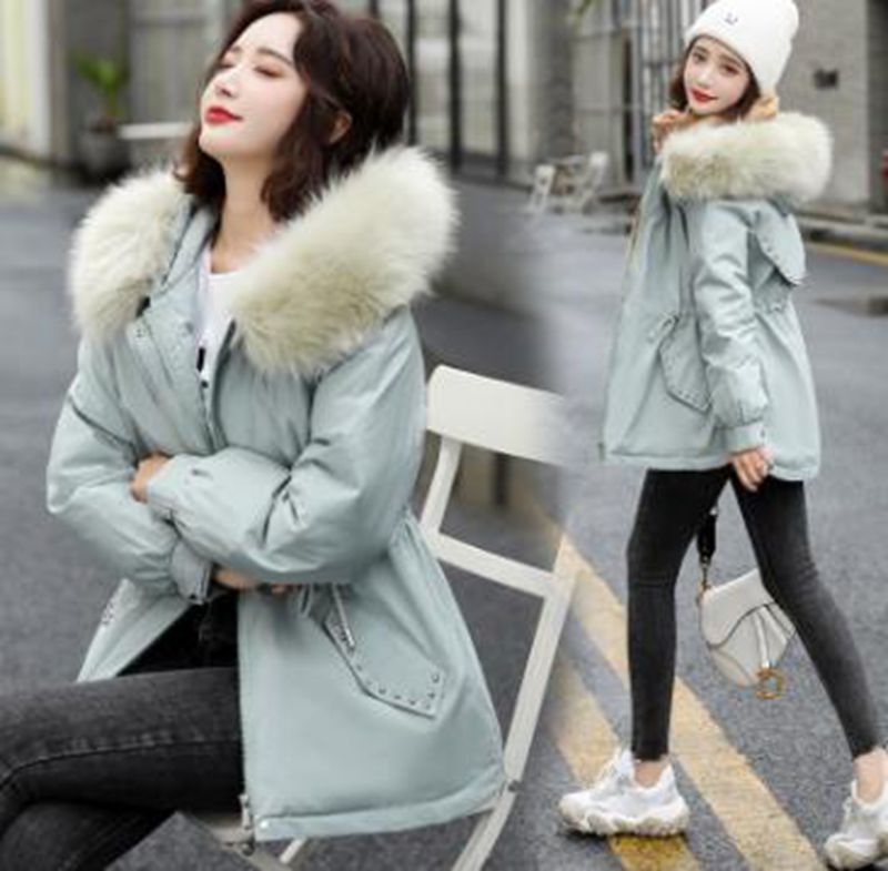 

Wholesale winter women's pie to overcome the new big fur collar thick short down padded jacket, Creamy-white