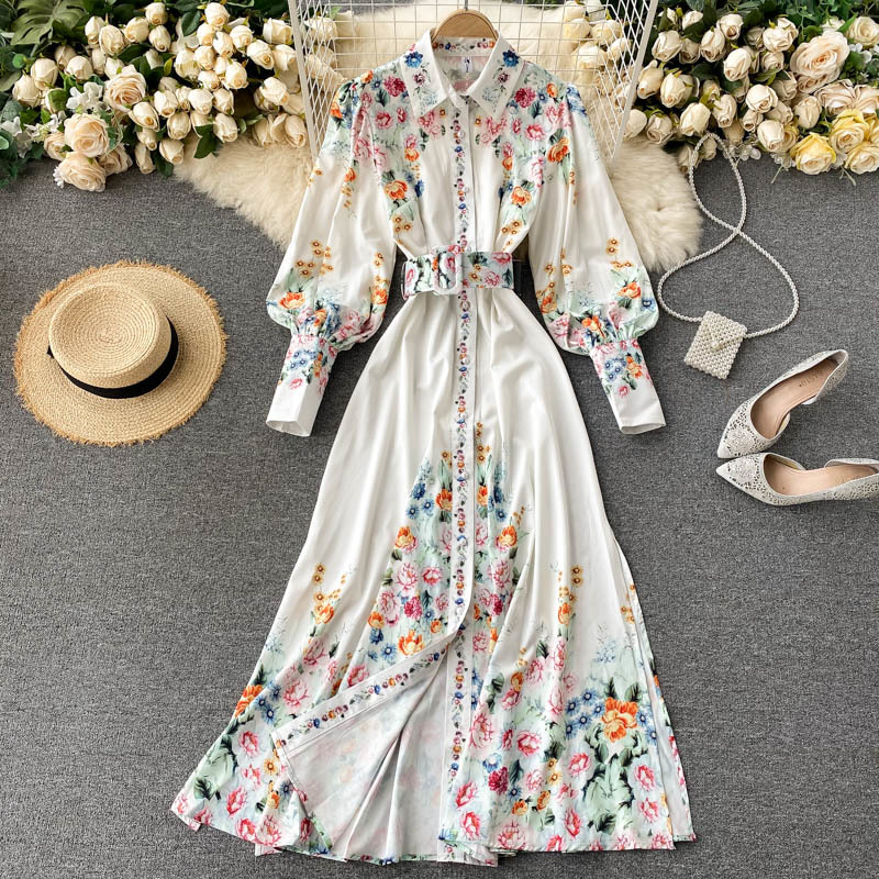 

2021 New Singiny retro impression maxi dress chic collar puff button dressed sexy fall floral line long robe OOCU, White