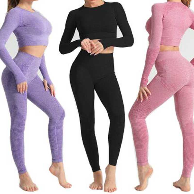 

New Women High Waisted Workout Leggings Gym Seamless Sport Fitness Long Sleeve Yoga Set, Black