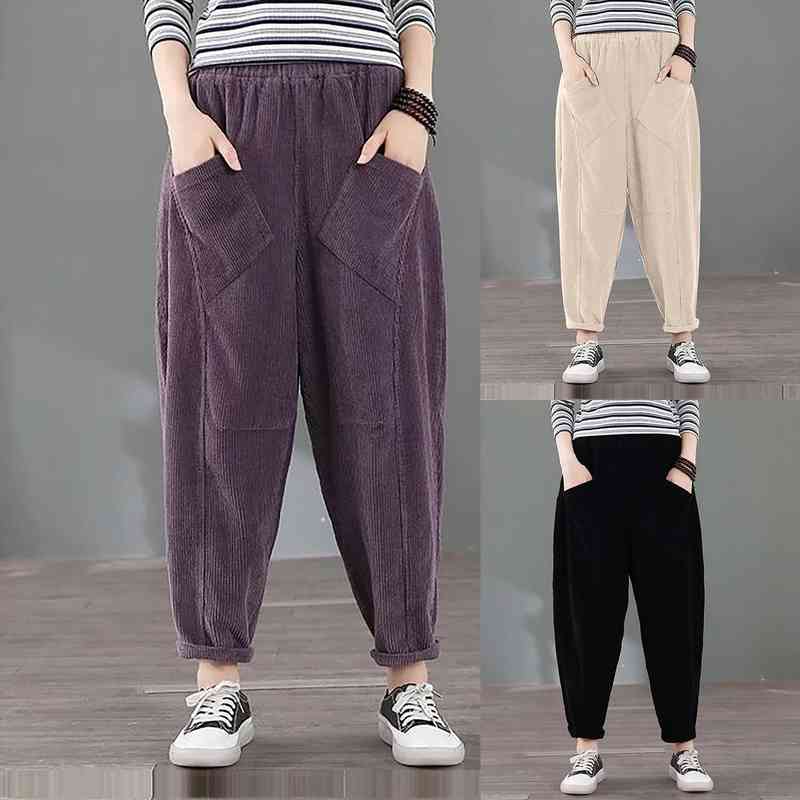 

womens pants corduroy harem pants loose size casual literature retro versatile solid color vintage oversized cargo, Black;white
