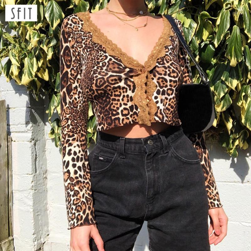 

Women' Clothing Tops V-neck Autumn Sexy Long Sleeve Crop Top Nightclub T-shirt Female Leopard Printed Lace Patchwork1