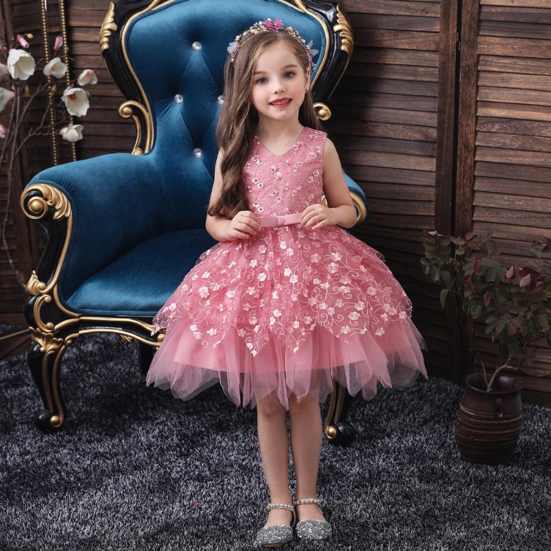 

Fashion Girl\u2020s Fashion Vest Style Dress Children Sweet Solid Color Sequin Embroidery Mesh Yarn Princess Dresses, Blue