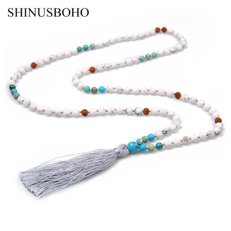 

SHINUS BOHO Classic Statement Necklace Natural Healing Mala Stone Handmade Strand Long Tassel Necklaces Women Meditation Jewelry