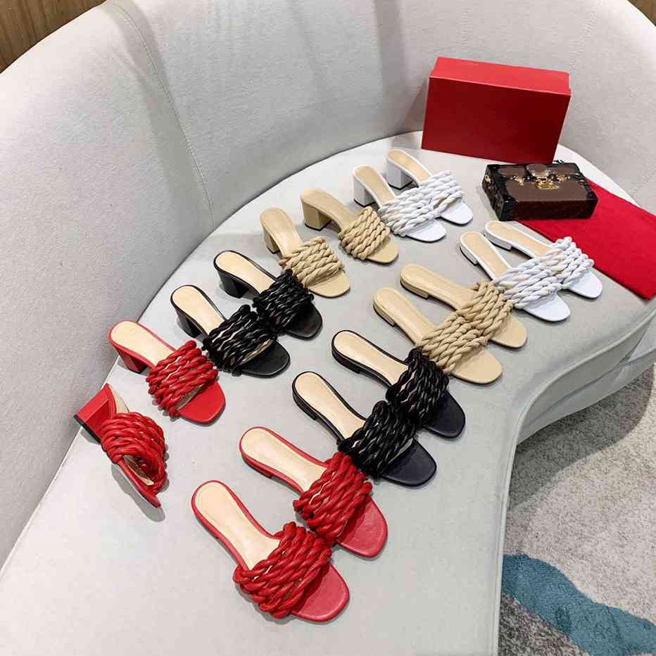 

Sexy Flat slides Sandals Woven women slippers round toe mules shoes Ladies Wedding high heels shoes Dress Shoes High Quality with shoe box, Red