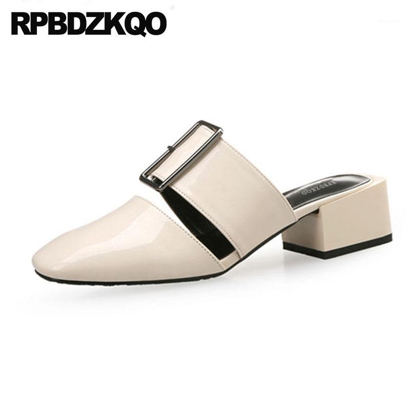 

Luxury Women Shoes Metal Green Patent Leather Medium Heels Chunky Beige Square Toe Sandals Mules Slipper Pumps Big Size Strap1