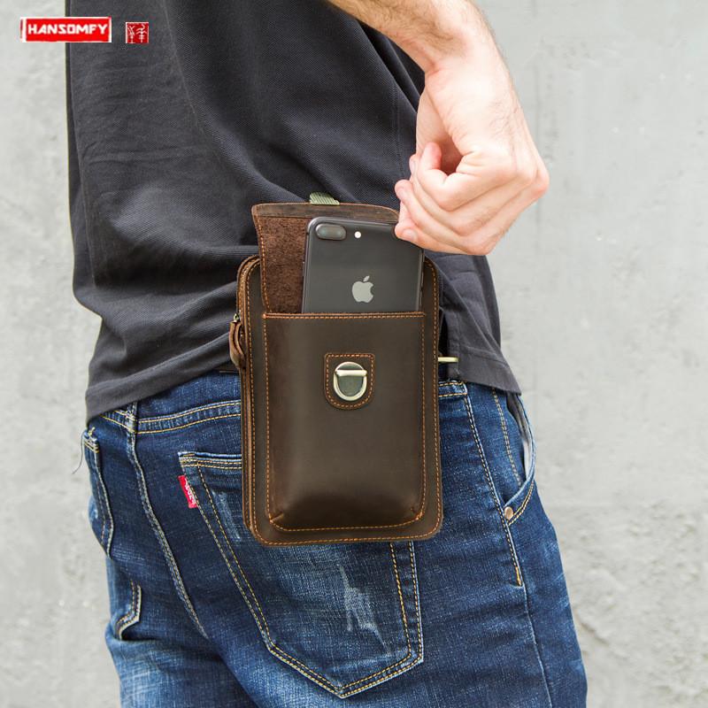 

New Genuine Leather Men's One-shoulder Diagonal Bag Retro Phone Waist Bags, Black