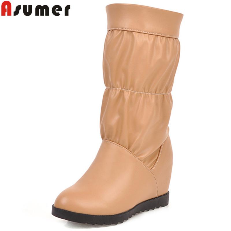 

Asumer big size 34-43 fashion mid calf boots women round toe slip on height increaseing ladies boots autumn winter wrinkle, Black