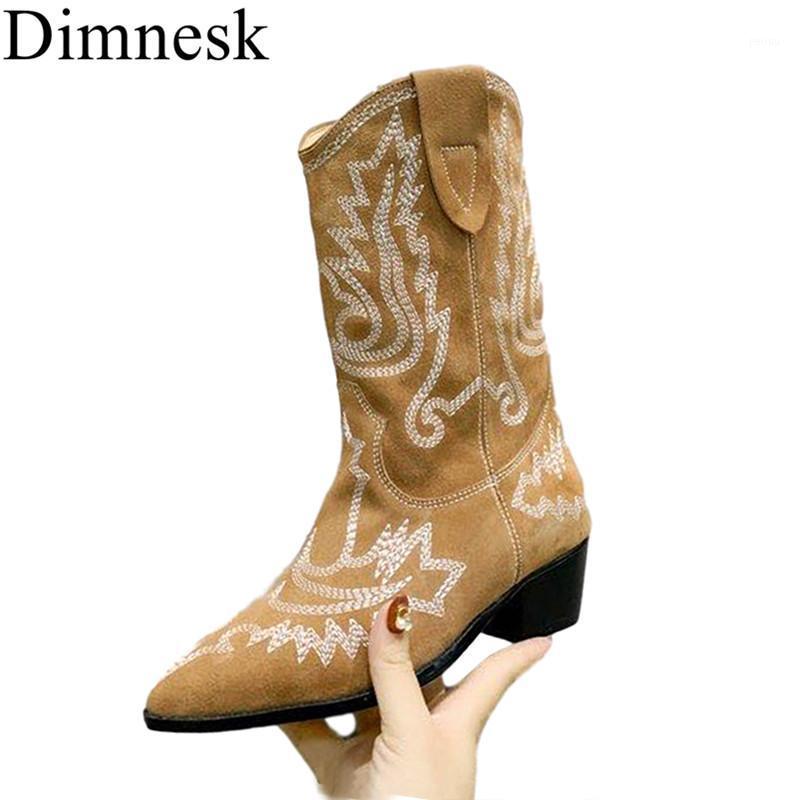 

Pointed toe mid calf boots women real suede embroidery chunky high heel shoes autumn winter western cowboy long boots female1, Blue