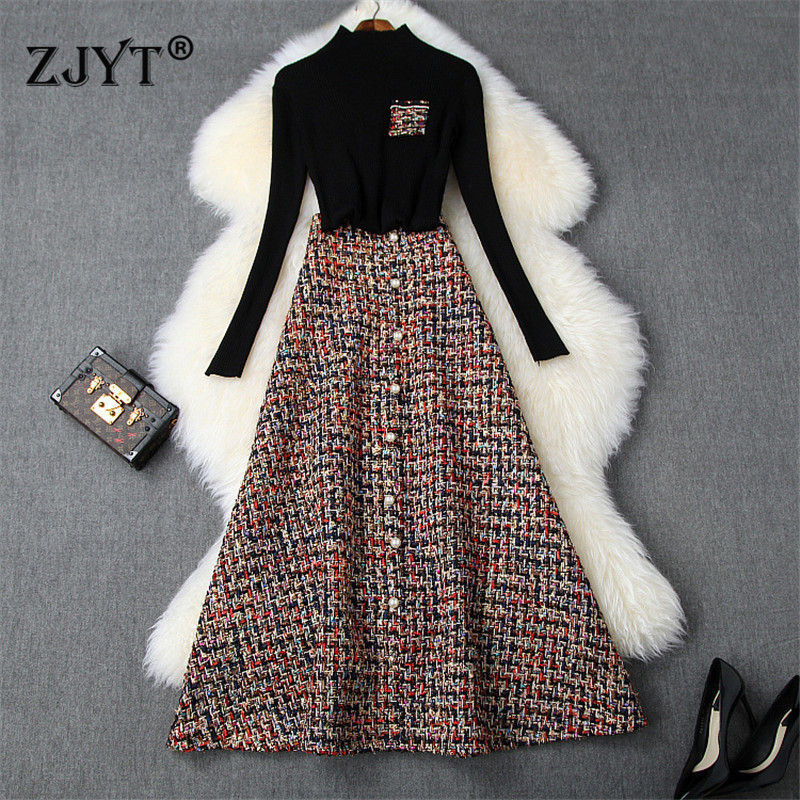 

Runway Designer 2Piece Set Women Fashion Autumn Winter Outfits Black Sweater and Long Tweed Woolen Skirt Suit Twinset 201130
