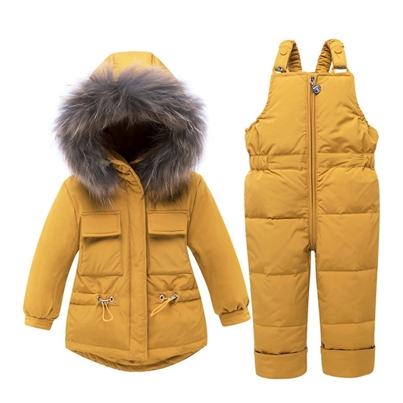 

Children Snowsuit Winter Baby Duck Down Jacket Jumpsuit Parka Real Fur Hooded Boy Overalls Warm Kids Coat Baby Girl Clothing Set 201102, Red