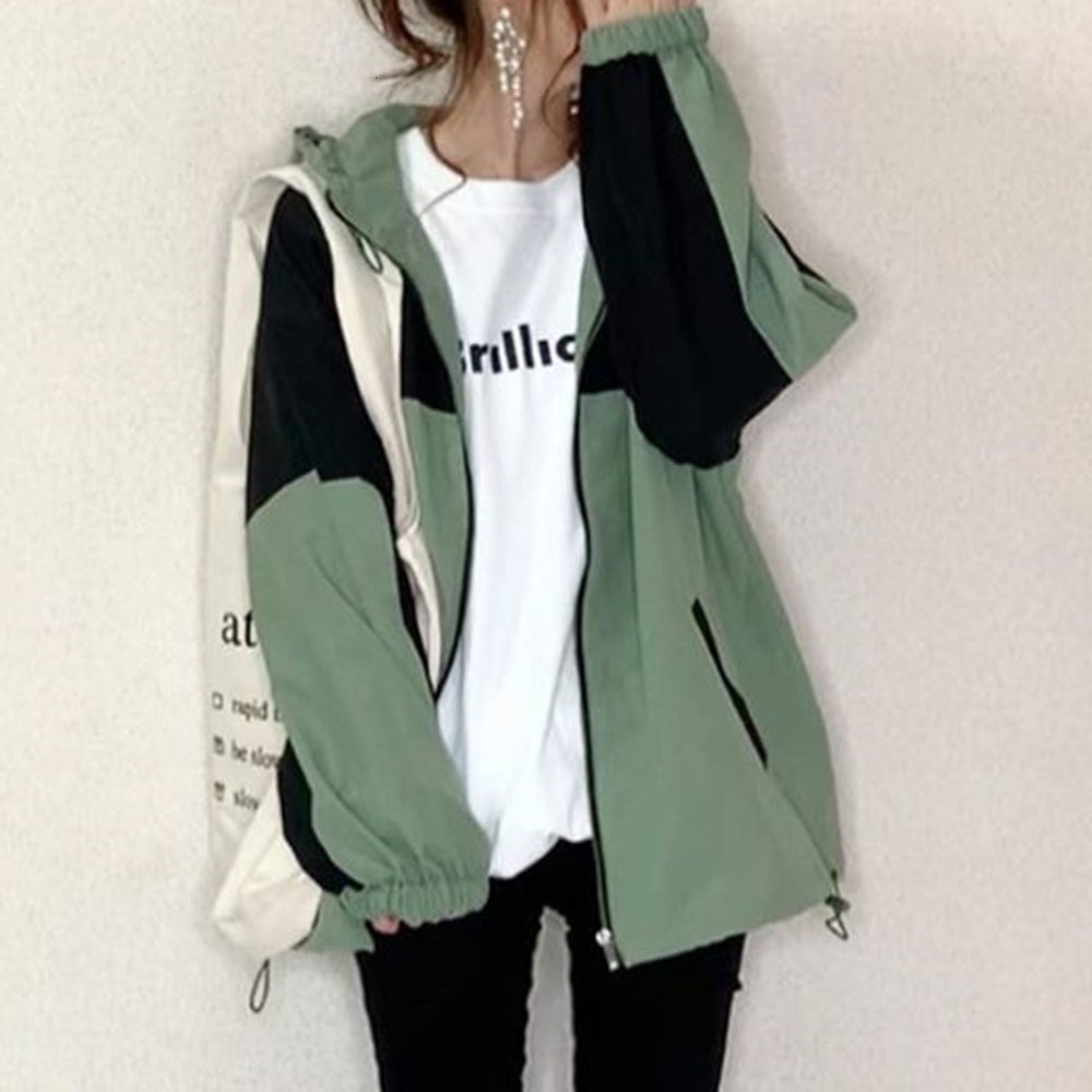 

2021 New Spring Women Jacket Tops Korean Janpan Zipper Long Sleeve Outfits Block Female Jackets Outwear TDXK, Green