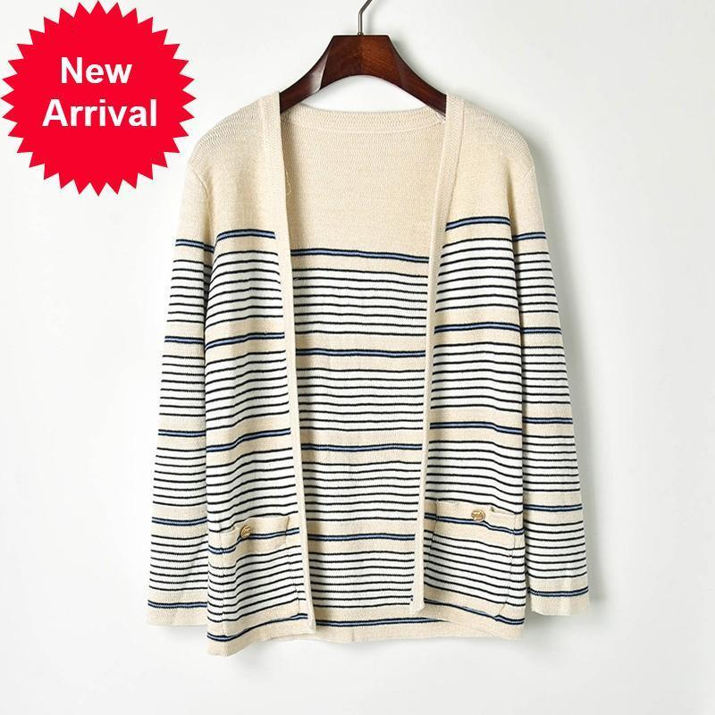

New High 2021 Street Fashion Winter Striped Buttonless Autumn Casual Women Malory Shirts Cardigan Label Design Coat Luxury Tag PNBG, Beige