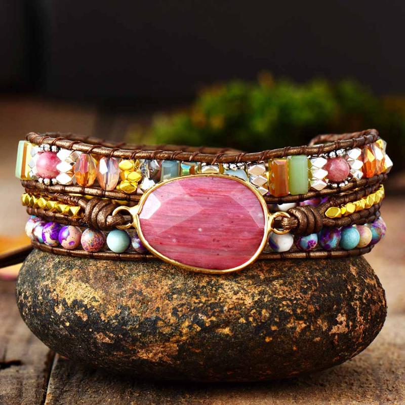 

Personalised Leather bracelet with multicolor natural stones, interlaced crystal bracelet, artistic gift