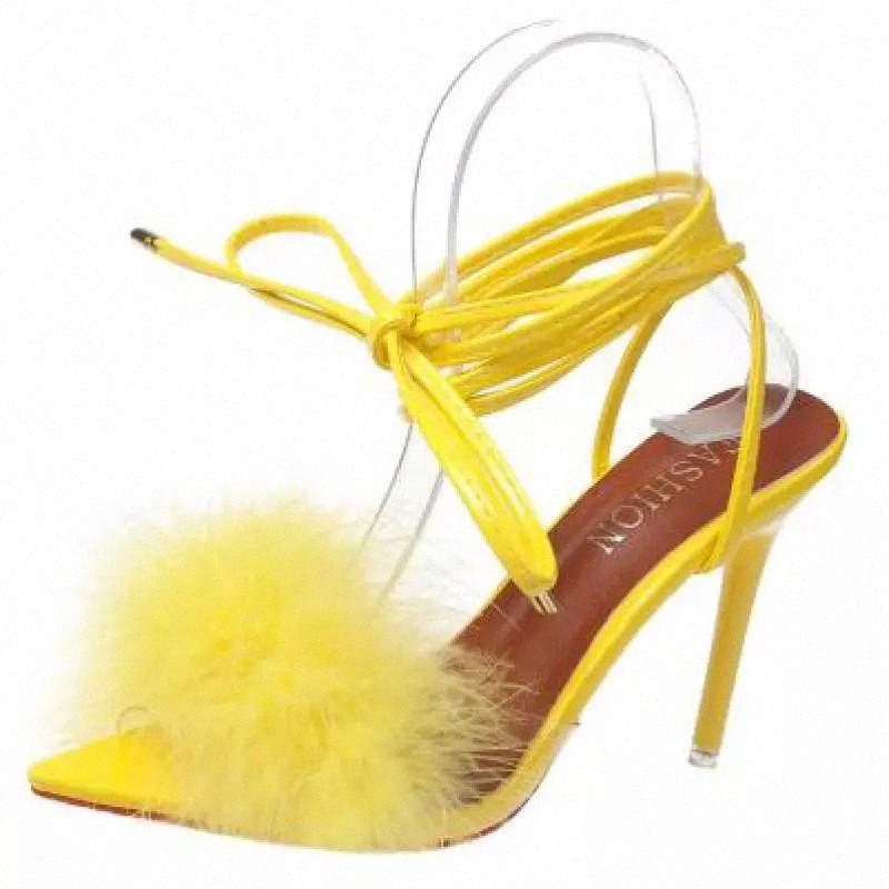 

Sexy Feather Women Sandals Pointed Toe Ankle Strap High Heels Summer Footwear Shoes For Women Plus Size 43 Sandalia Feminina #D25s