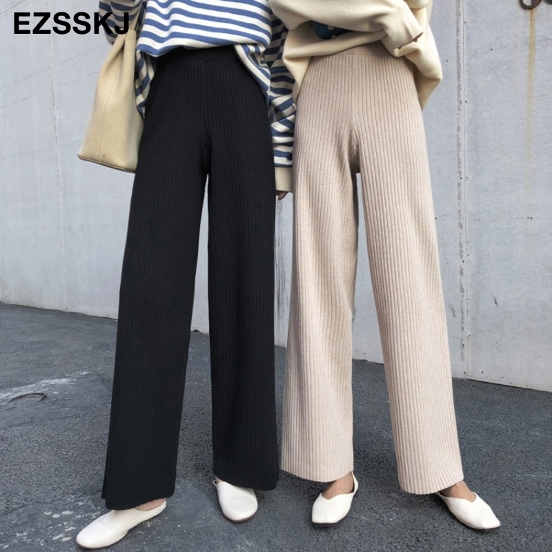 

autumn winter new casual straight pants women female drawstring loose high waist knitted wide leg pants casual Trousers 201031, Gray