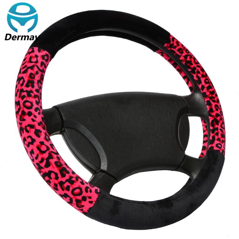

DERMAY Winter Car Cute Steering Wheel Covers Girls Pink Red White etc. 9Colors Diam 38cm Leopard Print Women Car Accessories