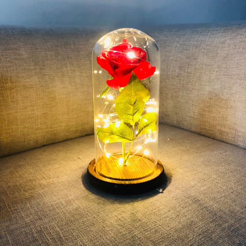 

LED Rose Flower String Fairy Light Bottle Night Lamp Romantic Wedding Decor Glass Cover Wood Base for Christmas Birthday Gift, Beige