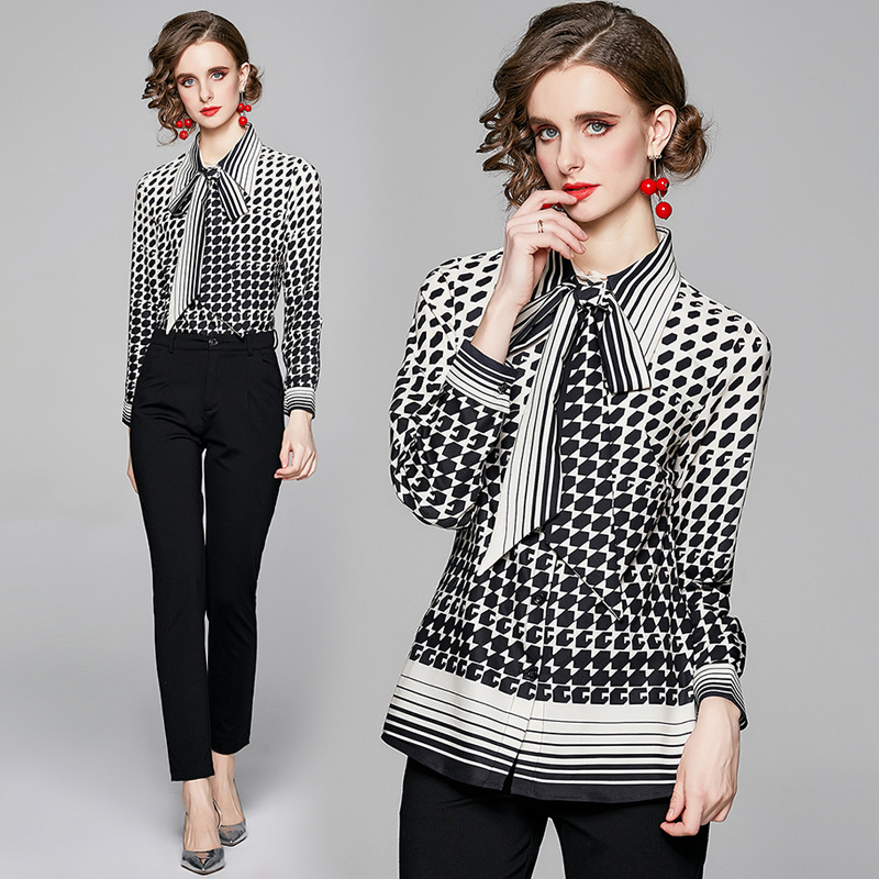 

Elegant Printed Ribbon Bow Women Shirts Long Sleeve 2022 Spring Runway Designer Fashion Ladies Lapel Blouses Casual Office Button Down Slim Fitting Tops Fall, Contrast color