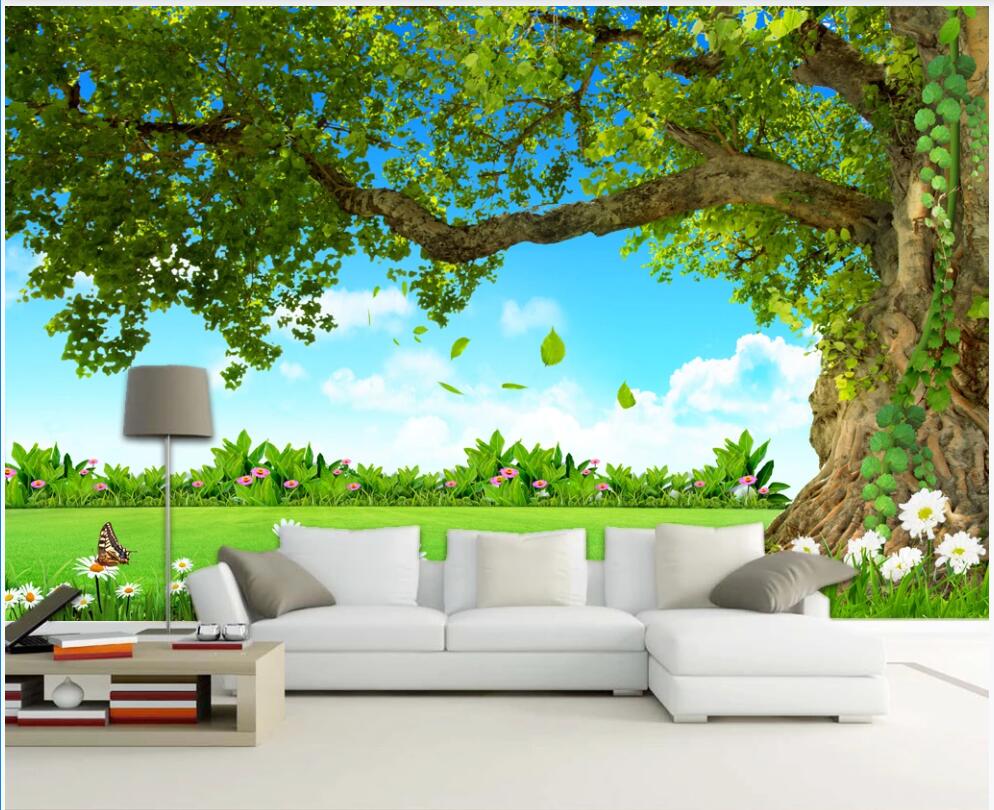 

custom photo mural wallpaper 3 d Beautiful scenery with blue sky and green land and big trees home decor living room wallpaper for walls 3d, Non-woven wallpaper