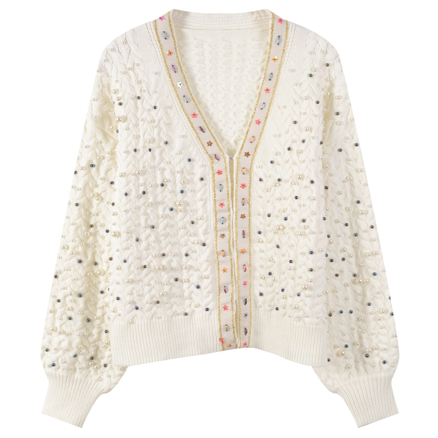 

2021 New Autumn Knitted Cardigans V-neck Colorful Preal Beading Sweater Femme Tricot Women Tops F6zh, Black