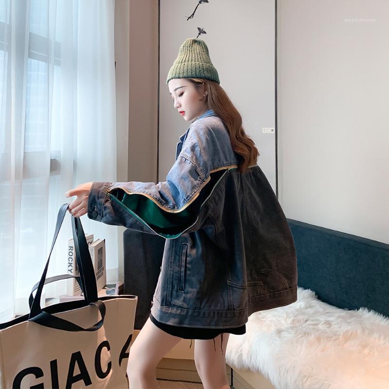 

Women Zipper Patchwork Denim Jacket Retro Hong Kong Chic 2020 Splicing Korean Loose Thickened Ins Jean Coat1, Multi