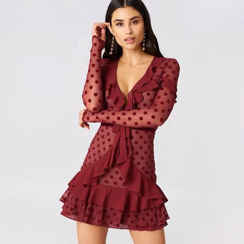 

New Women' Tip Printed Outfit Chic Ruffles Prospective Sexy Malha Dressed Designer V-neck Skinny Dresses 8g6w, Red.