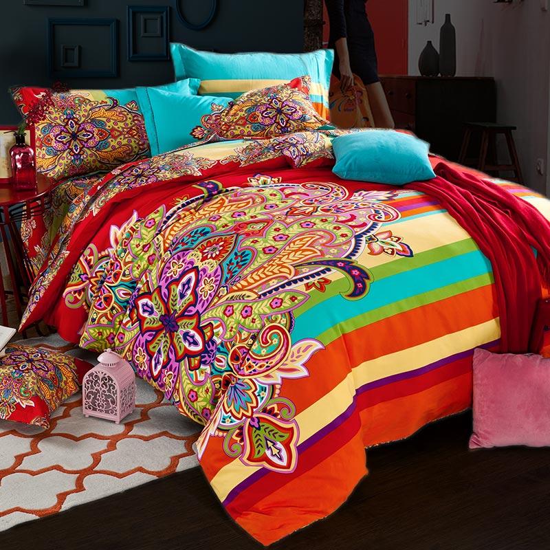 

New orange blue 100% Cotton Sanding Printed Flower Bedding Set Luxury Royal Bed Sheet set Duvet Cover Pillowcase Queen King 4pcs, Color 2