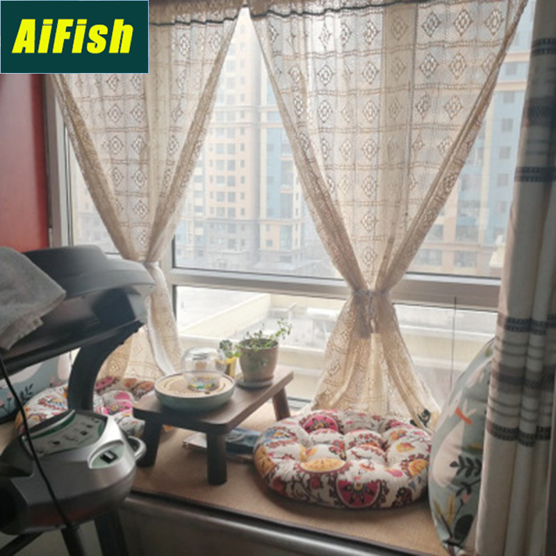 

American Country Lace Cotton Thread Window Screen Curtain Window Kitchen Cabinet Bookcase Half Curtain DL-QT035T4, Beige