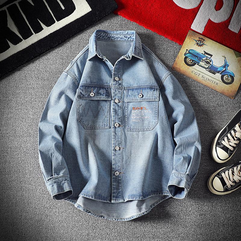 

Fashionable men's denim shirt long-sleeved large size cotton denim cardigan casual slim-fit shirt men's two pockets clothes 5XL, Black