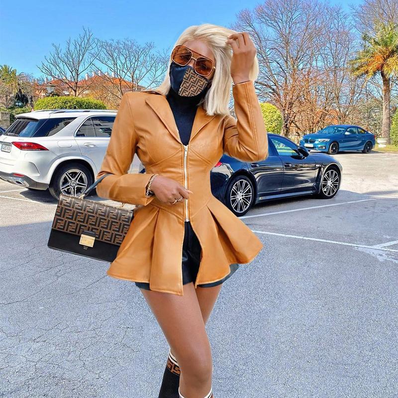 

Leather Jacket Women Long Sleeve Zipper Ruffle Slim Bomber Jacket Streetwear Casual Short Coat Women Outwears, Orange