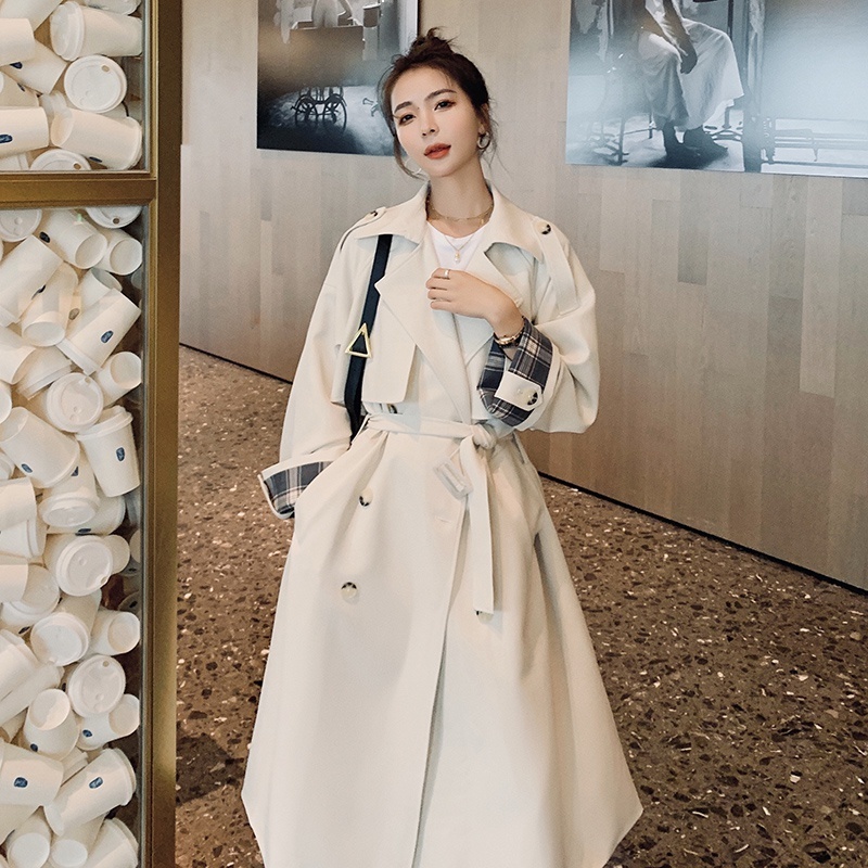

2021 New Trench Female Coat Spring New Long Fashion Lapel Double Breasted High-end Fabric Solid Jacket Qx2j, White