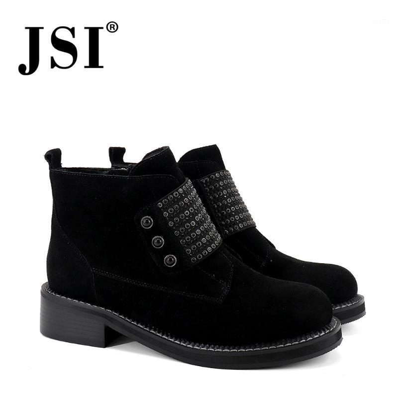 

JSI Women Genuine Leather Ankle Boots Round Toe Square Heel Med Heels Solid Handmade Shoes Sequins Decoration Winter Boots JC3791, Black cow suede